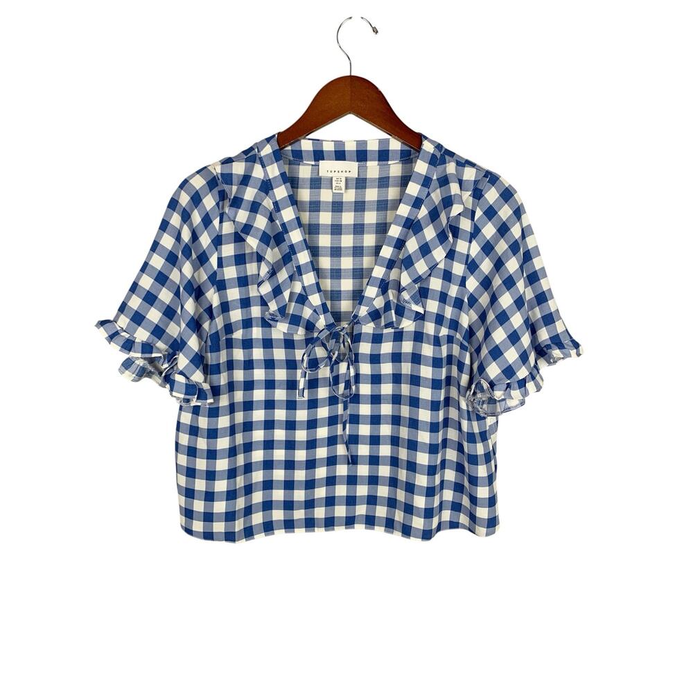 TopShop Blue White Gingham Check Blouse Ruffle Trim Short Sleeve Top Women's 6